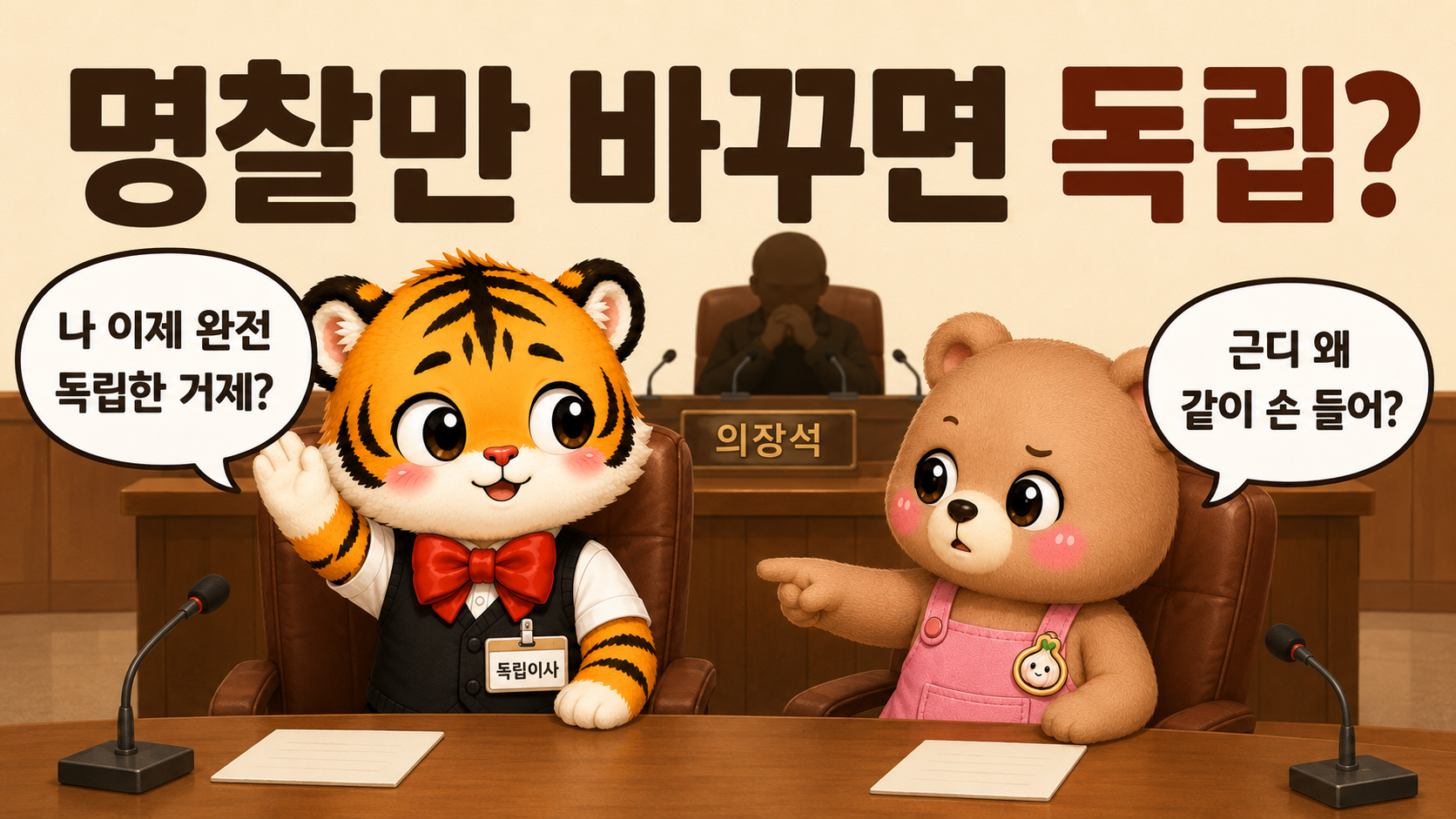 독립이사 명찰을 단 범이가 경영진을 따라 손을 들자 웅녀가 지적하는 개그 이미지