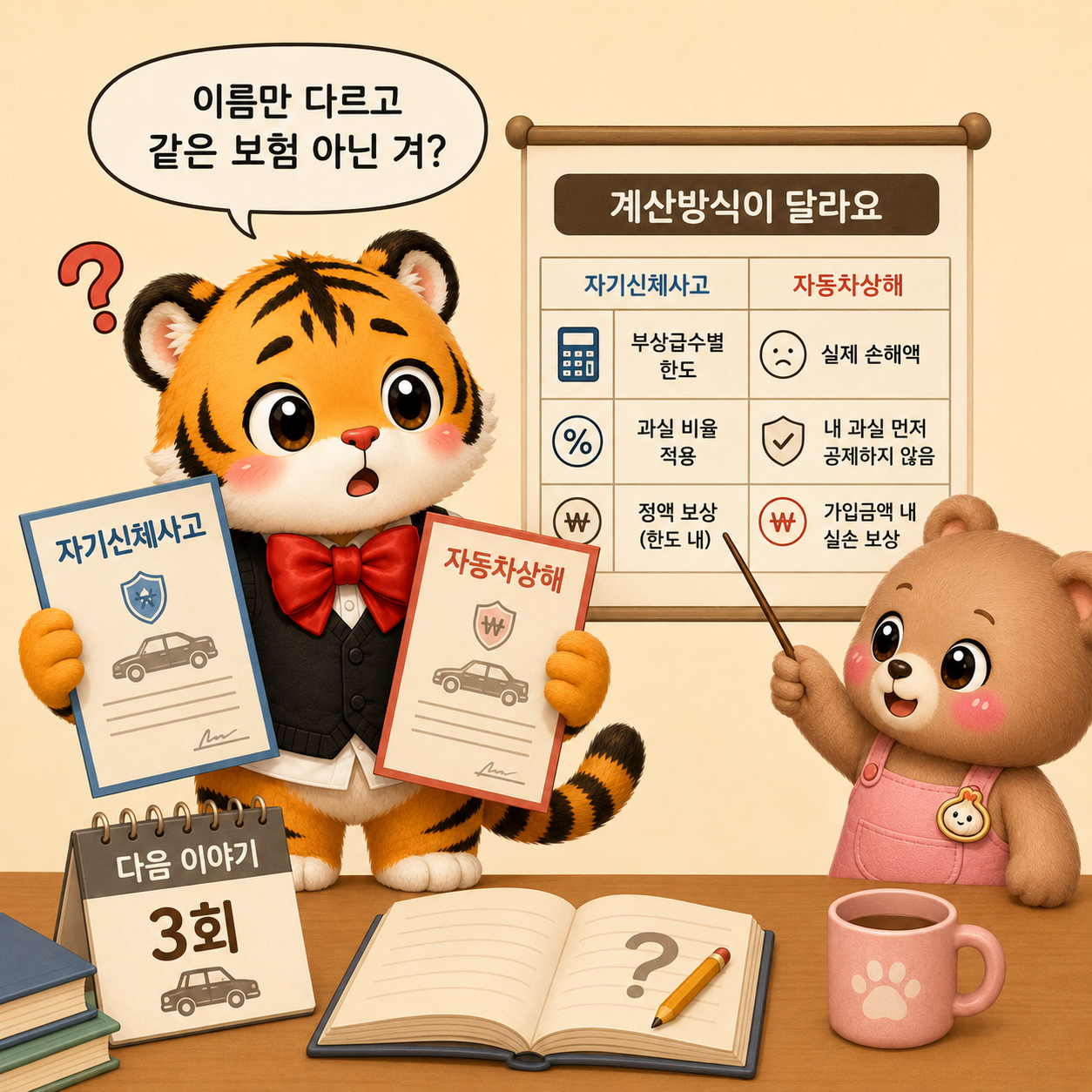 범이가 자기신체사고와 자동차상해 보험증권을 들고 있고 웅녀가 두 담보의 계산방식 차이를 설명하는 장면