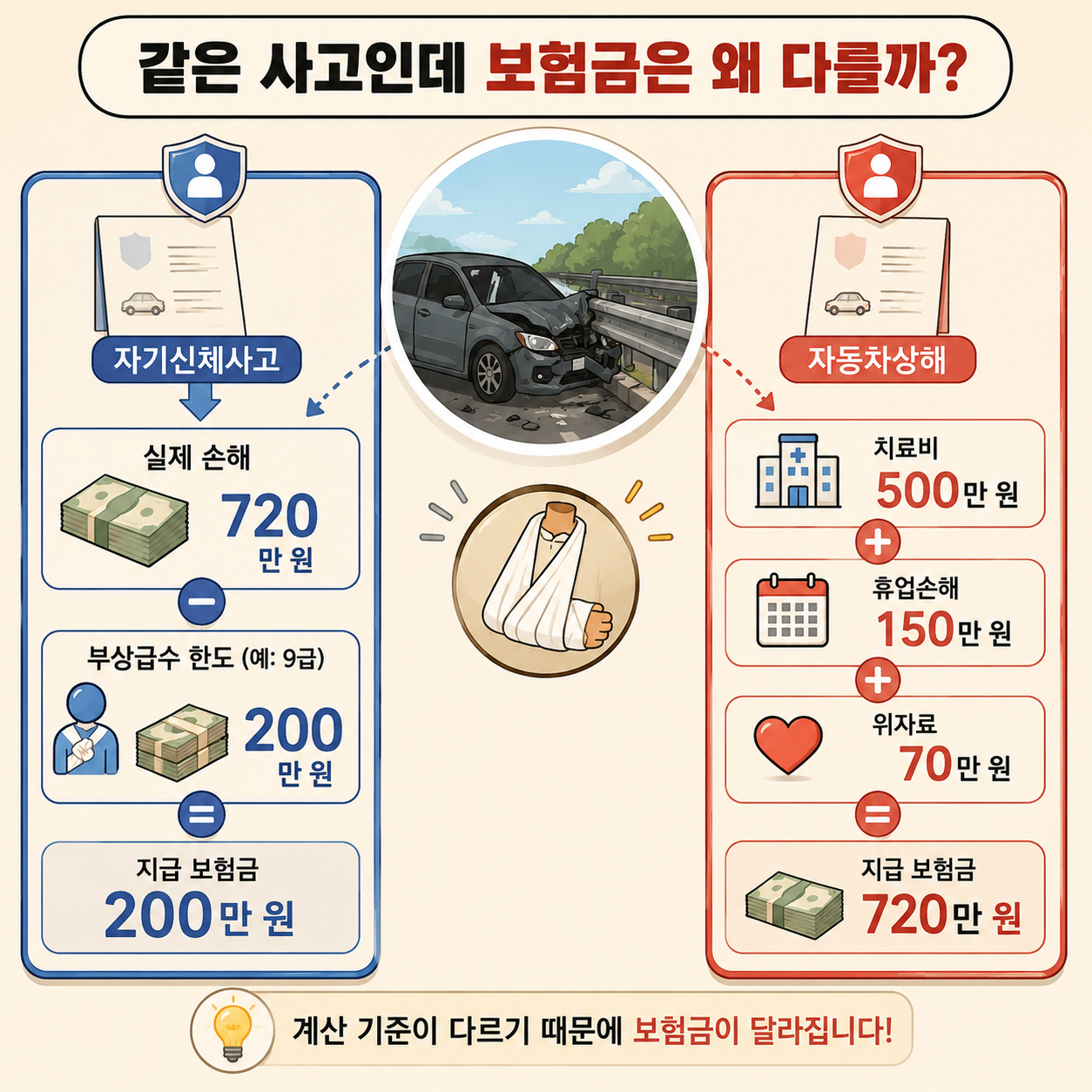 단독사고의 실제 손해 720만 원을 자기신체사고의 부상급수 한도 200만 원과 자동차상해의 실제 손해 계산방식으로 비교한 인포그래픽