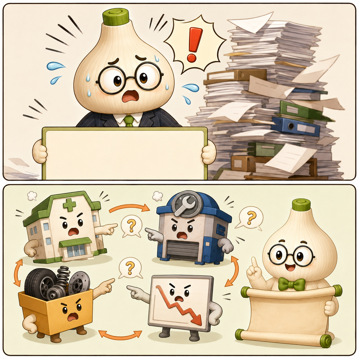 자동차보험 적자 원인으로 한방병원, 공업사, 부품비 등이 서로를 가리키고 마르가 원인 분석을 설명하는 장면