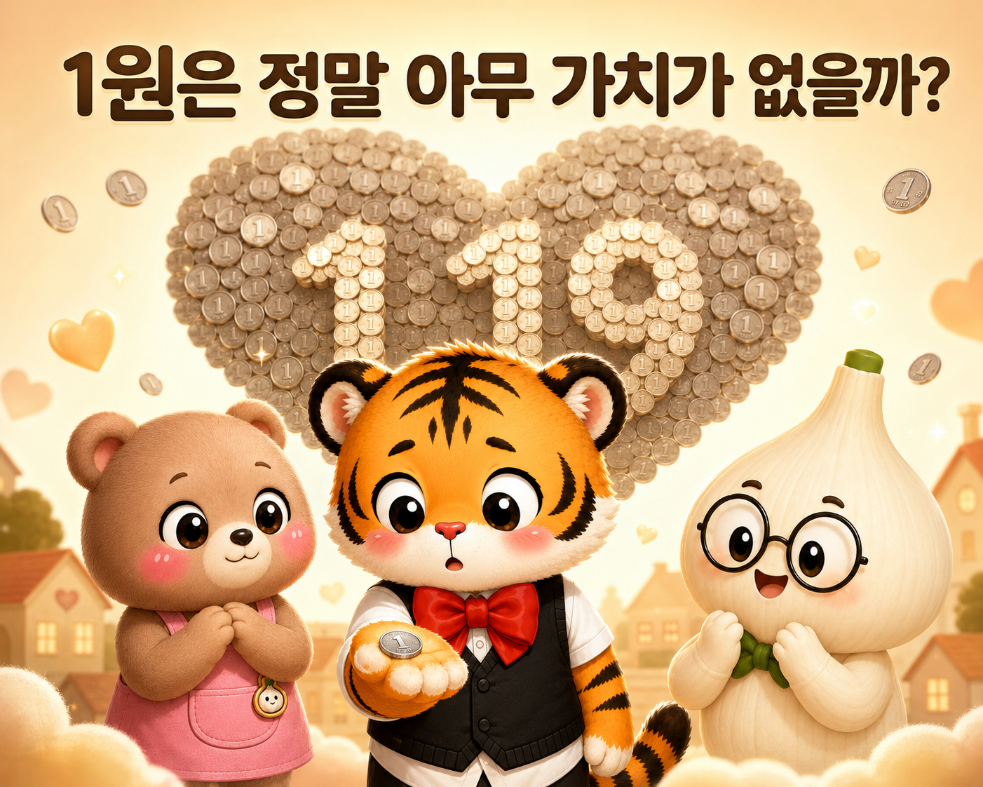 작은 1원들이 모여 119 모양의 큰 하트가 되고 웅녀와 범이, 마르가 바라보는 장면