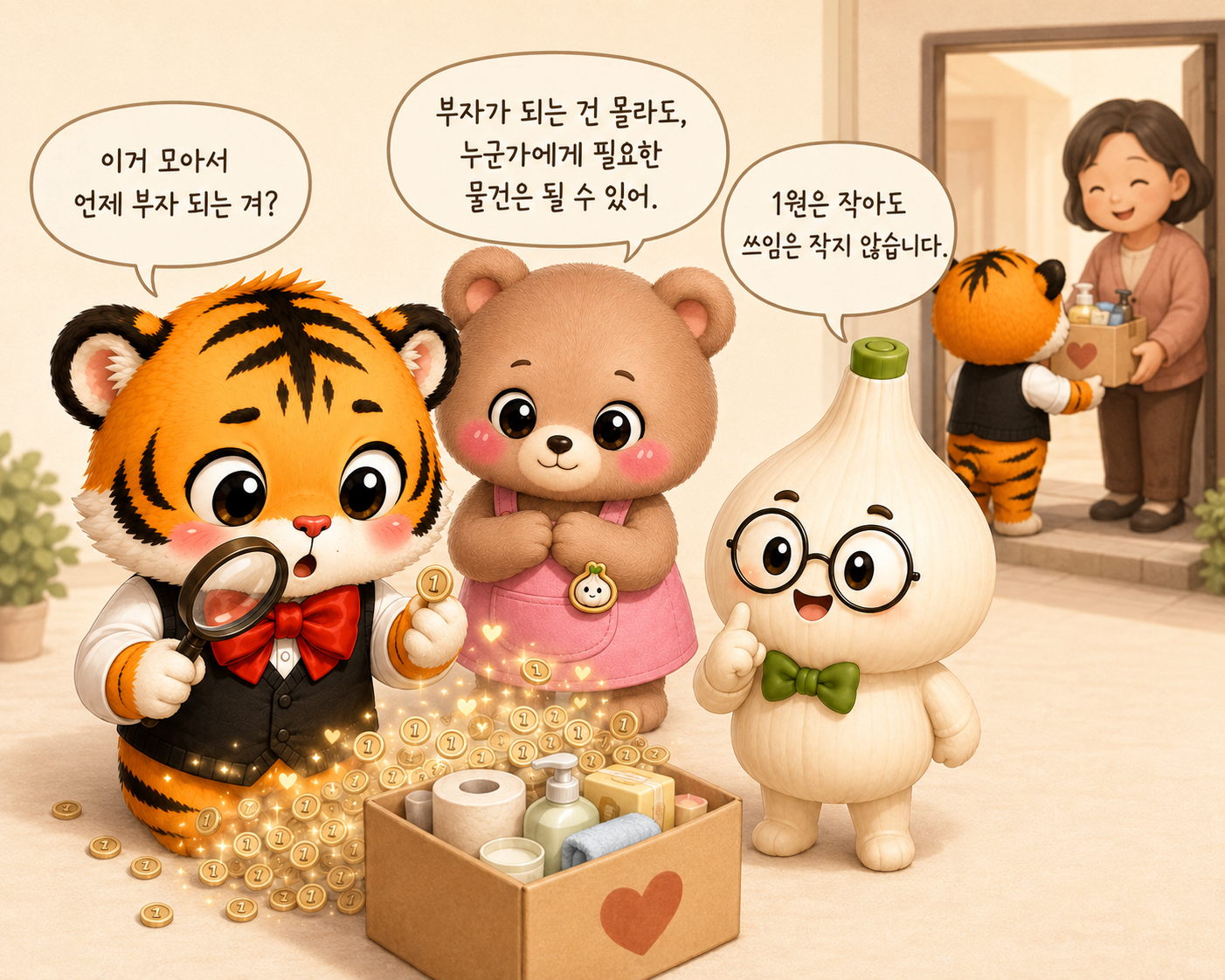 작은 포인트가 이웃에게 전달할 생필품 상자로 바뀌는 모습을 웅녀와 범이, 마르가 바라보는 장면