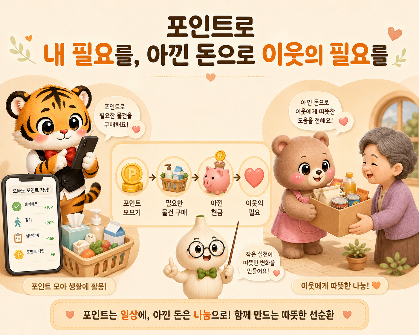 앱테크 포인트로 필요한 물건을 사고 아낀 현금 일부를 이웃에게 사용하는 과정