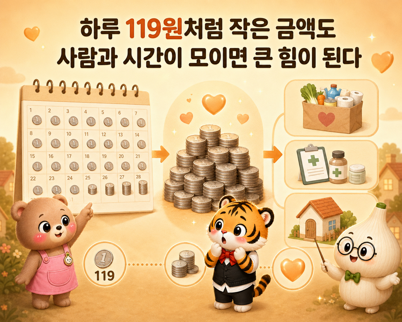 매일 119원이 쌓여 생필품과 의료비, 주거 지원으로 이어지는 과정