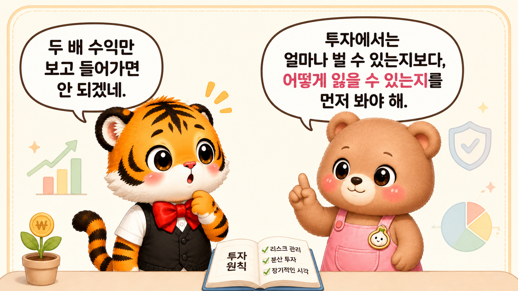 범이와 웅녀가 투자에서 손실 가능성을 먼저 보라고 말하는 장면