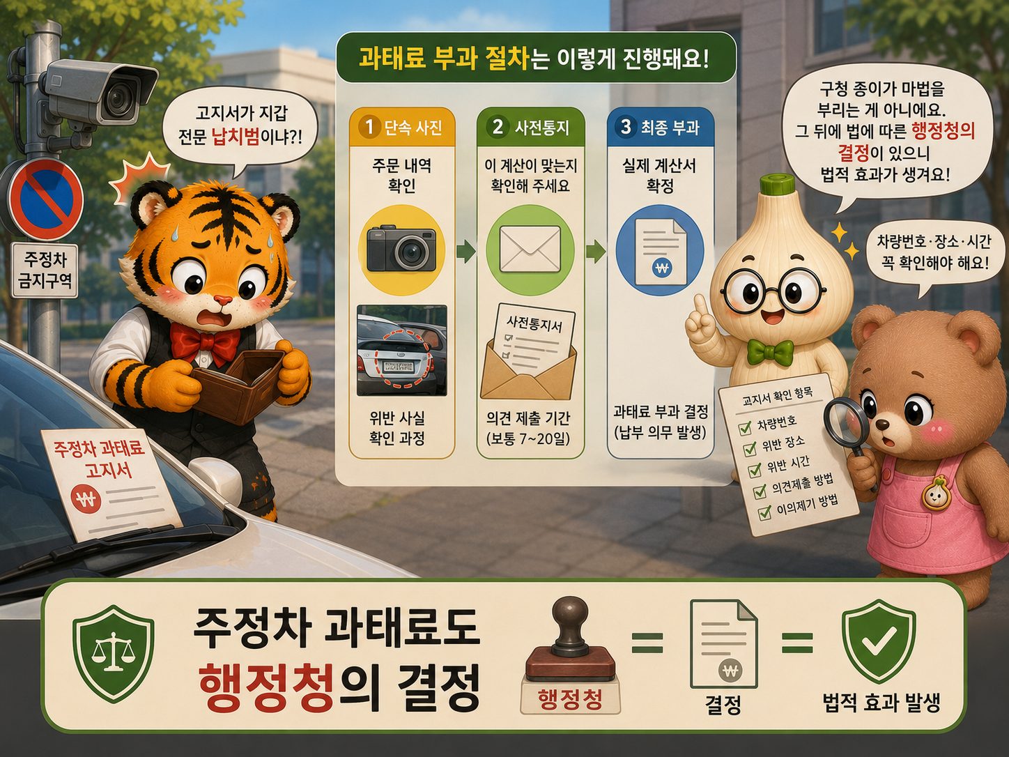 주정차 과태료의 단속 사진, 사전통지, 최종 부과 절차를 통해 행정행위를 설명하는 인포그래픽