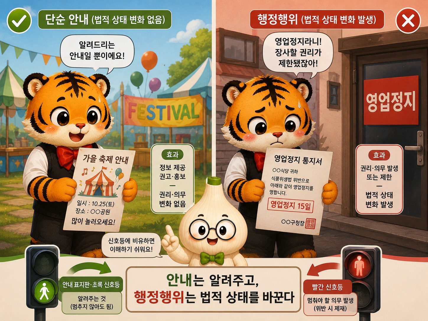 축제 안내문과 영업정지 통지서를 비교하여 단순 안내와 행정행위의 법적 효과 차이를 설명하는 이미지