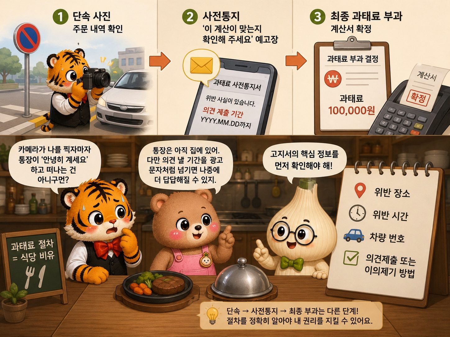 주정차 과태료의 단속 사진 사전통지 최종 부과를 식당의 주문 확인 예고장 계산서에 비유한 이미지