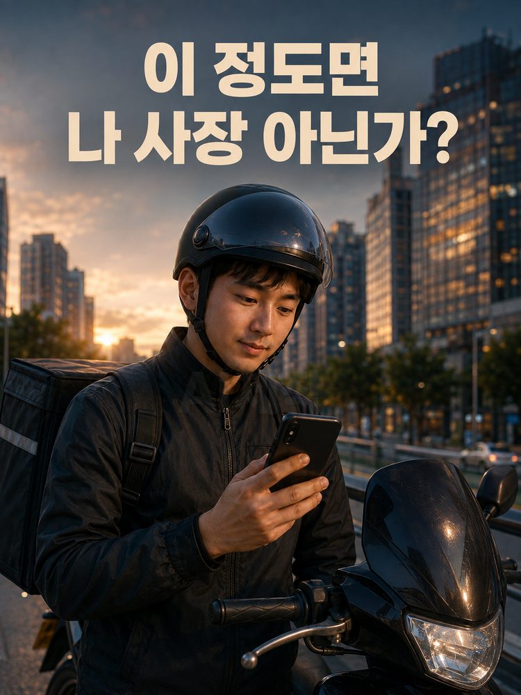 오토바이 옆에서 스마트폰 정산 화면을 보며 자신이 사장인지 생각하는 배달라이더 민수