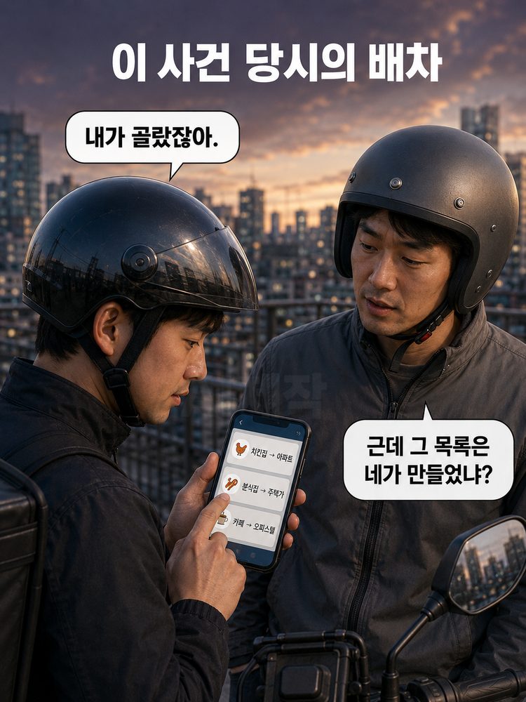 이 사건 당시 여러 주문 목록 중 하나를 직접 선택하는 라이더와 동료 라이더