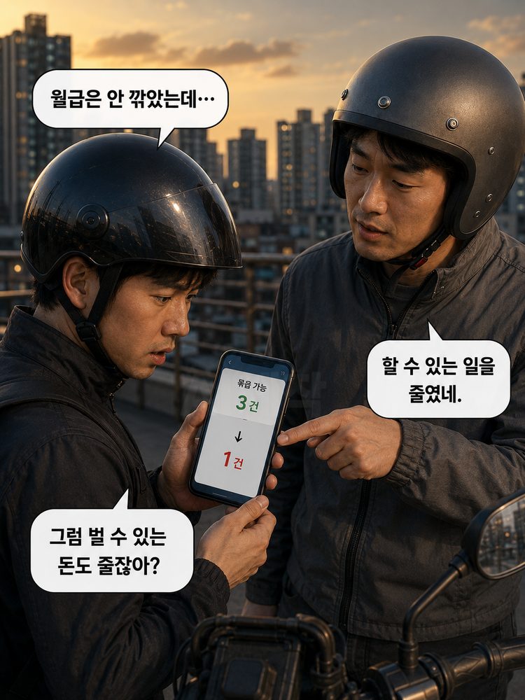 묶음배달 가능 개수가 3건에서 1건으로 줄어드는 화면을 보는 두 라이더