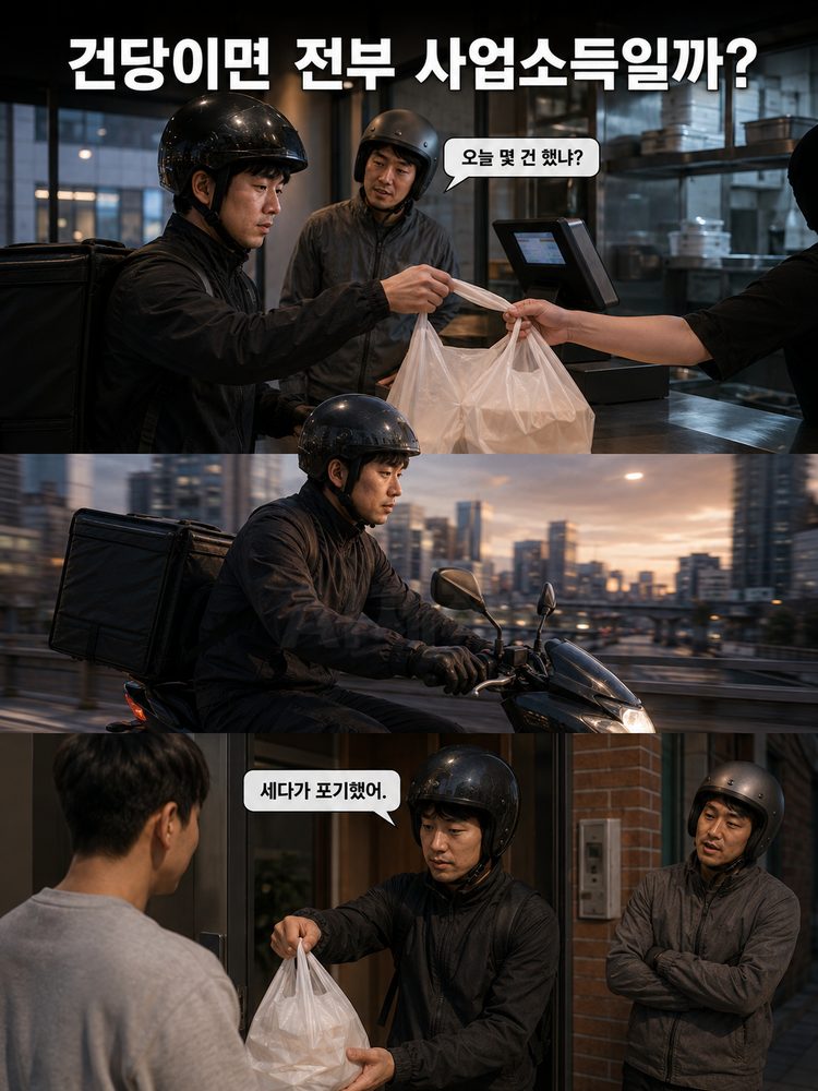 음식 픽업·이동·전달을 반복하는 배달라이더의 하루를 세 장면으로 보여주는 이미지