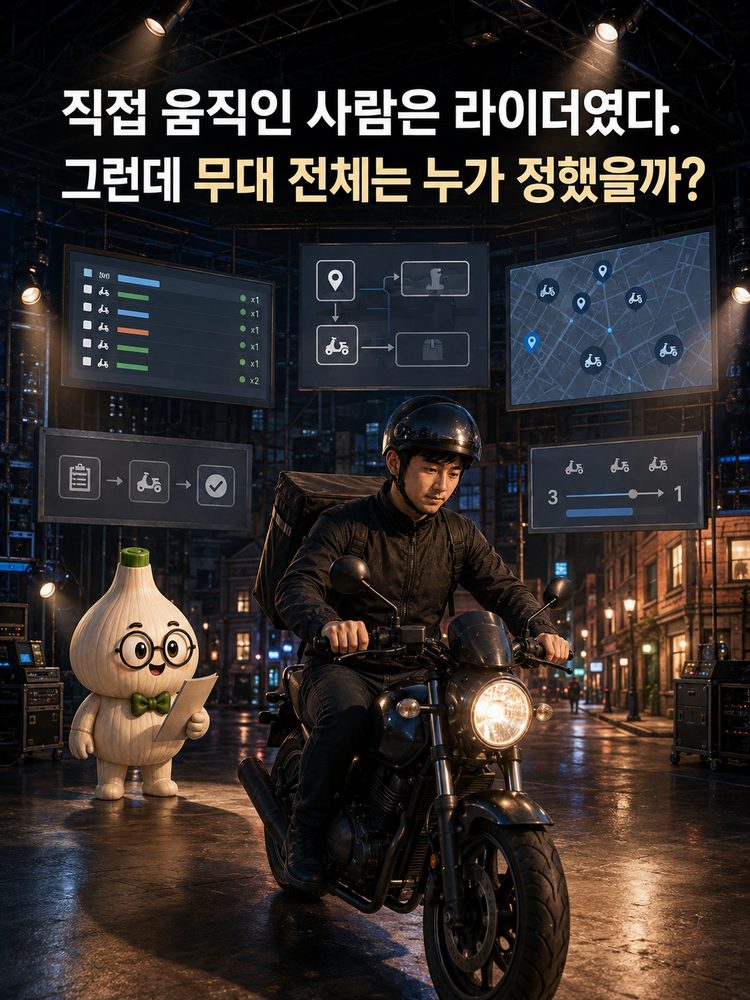 무대 위에서 직접 배달하는 라이더와 뒤쪽 배차·관리 시스템, 판결문을 든 마르를 보여주는 비유 이미지