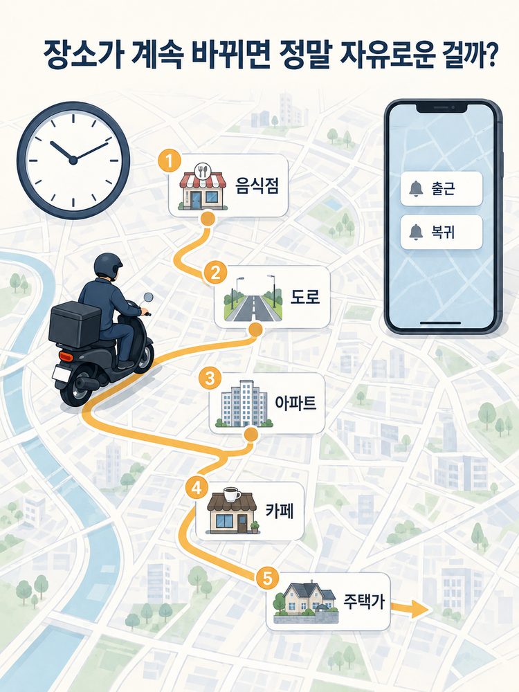 음식점·도로·아파트·카페·주택가를 잇는 배달 경로와 출근·복귀 알림을 함께 보여주는 인포그래픽