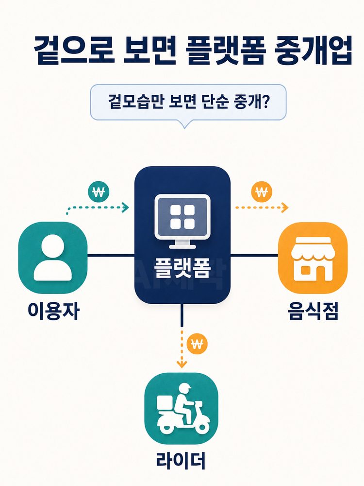 이용자·음식점·라이더를 플랫폼이 연결하는 중개 구조 인포그래픽