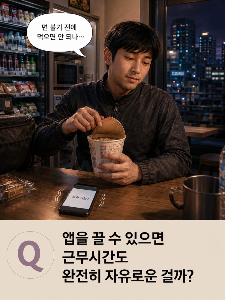 편의점에서 컵라면을 먹으려다 복귀 가능 메시지를 확인하는 배달라이더
