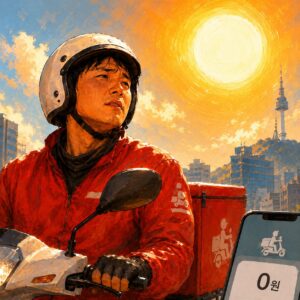 음식은 따뜻하게 보관 중, 배달기사는 아스팔트에서 조리 중?