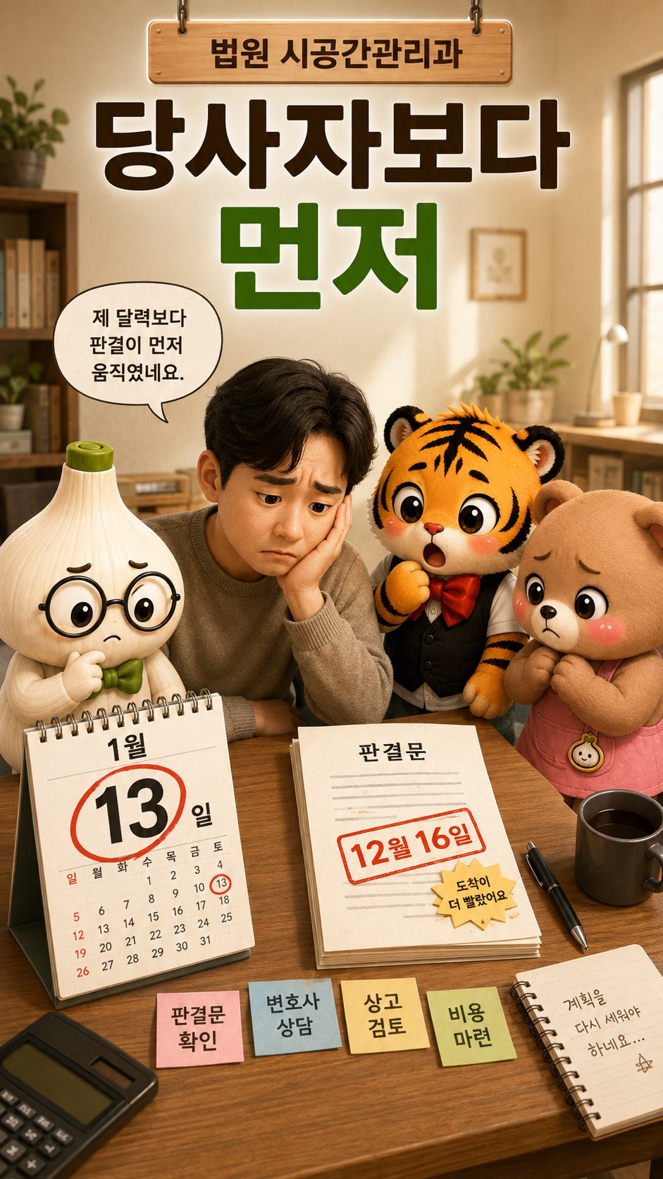 당사자의 달력보다 판결이 먼저 움직인 상황을 풍자한 장면