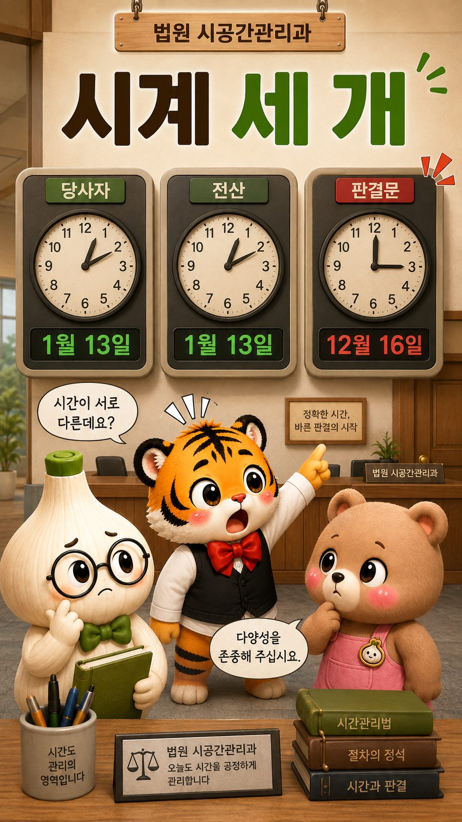 당사자와 전산은 1월 13일, 판결문은 12월 16일을 가리키는 세 개의 시계