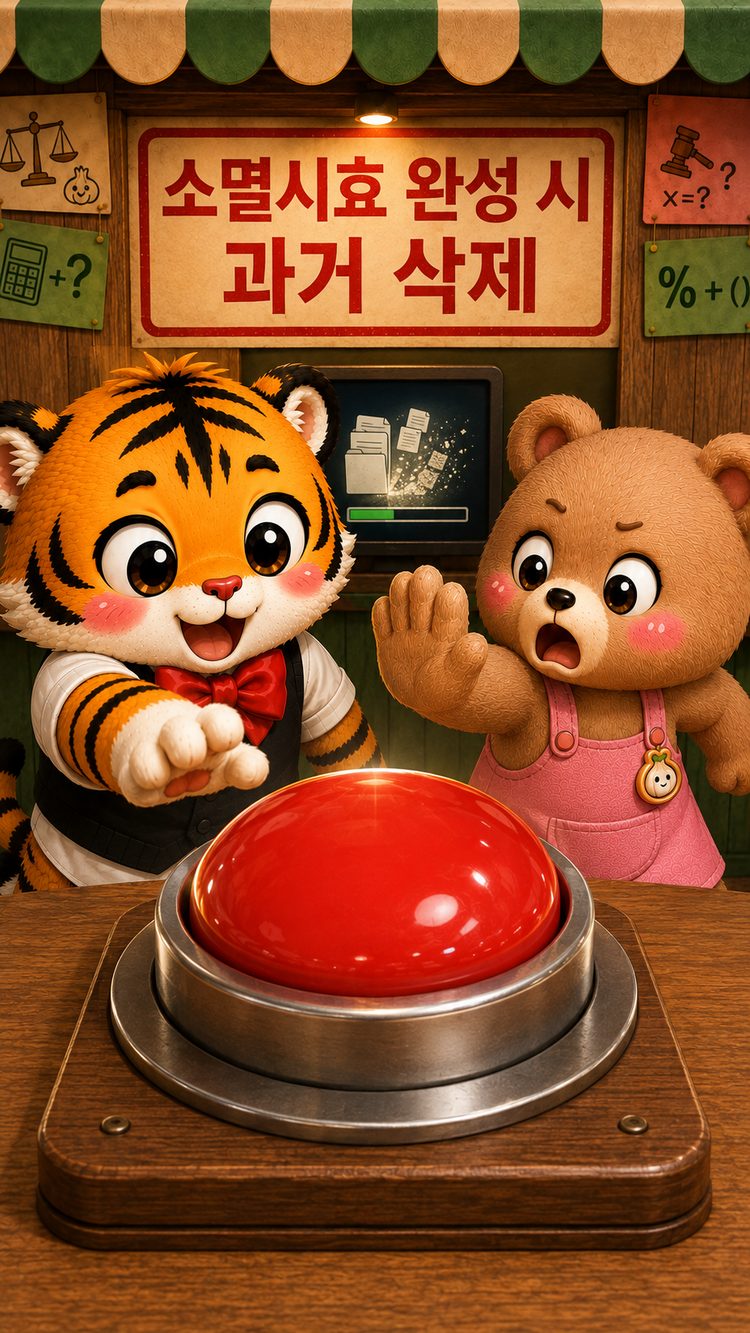 범이가 소멸시효가 완성되면 과거가 삭제된다는 버튼을 누르려는 모습