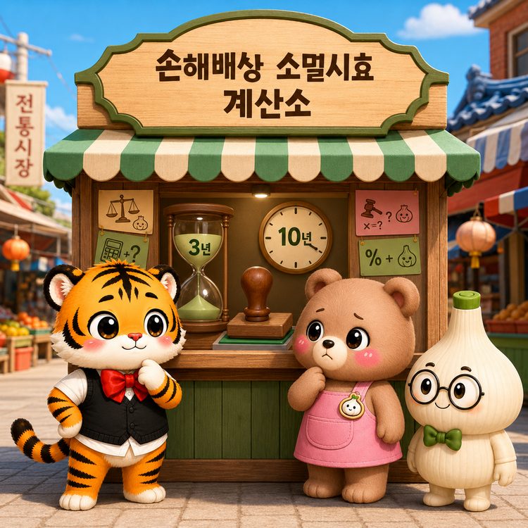 범이가 운영하는 손해배상 소멸시효 계산소 앞에 웅녀와 마르가 서 있는 대표 이미지