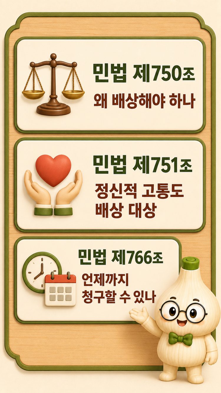민법 제750조 제751조 제766조의 역할을 정리한 법률 핵심 이미지