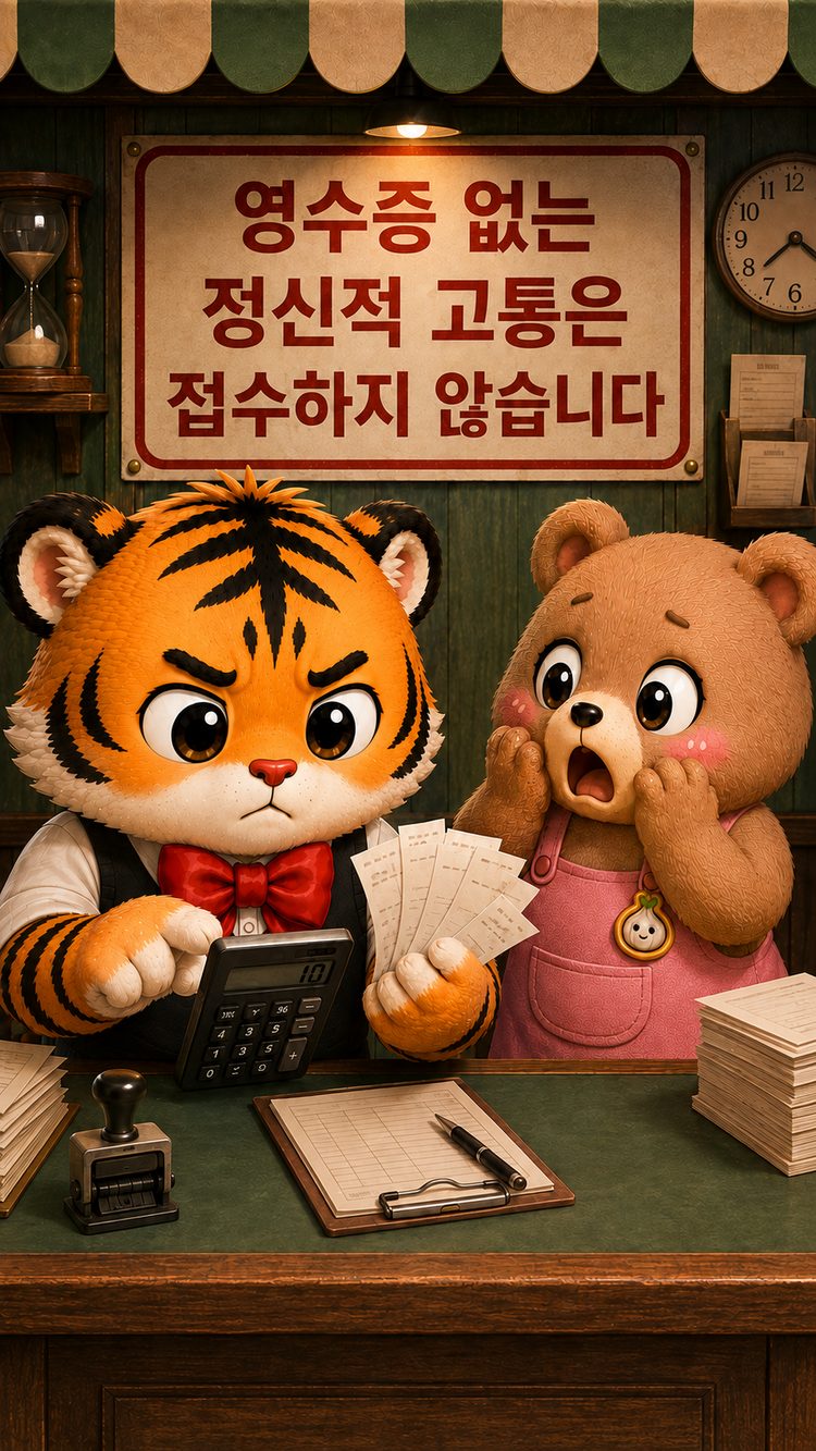 범이가 영수증 없는 정신적 고통은 접수하지 않는다고 안내하는 모습