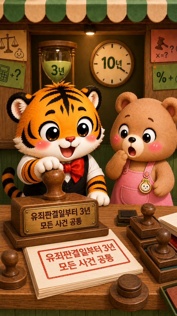 범이가 모든 사건에 유죄판결일부터 3년이라는 공용 도장을 찍으려는 모습