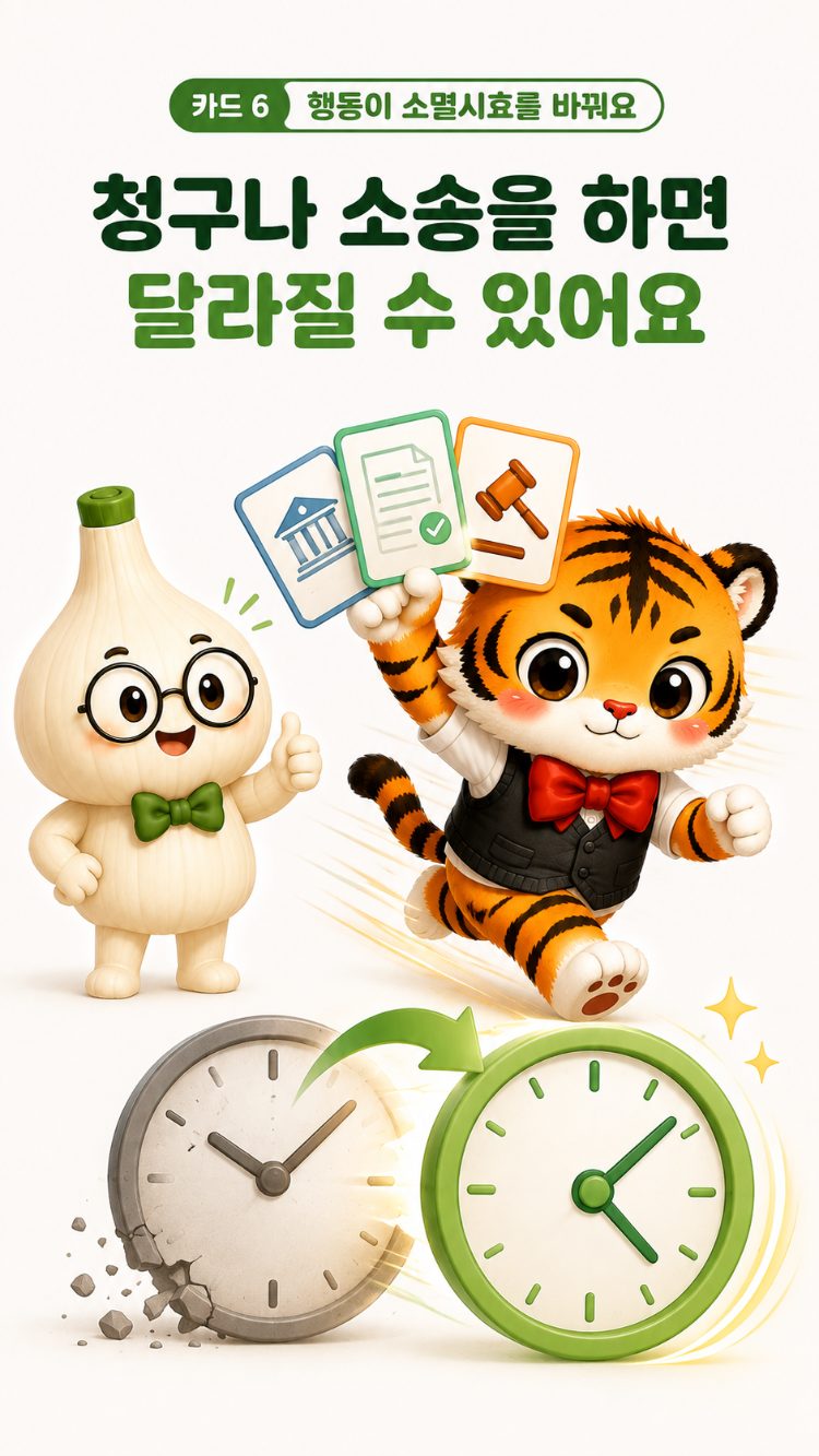 청구나 소송 등 행동에 따라 소멸시효가 달라질 수 있음을 설명하는 카드