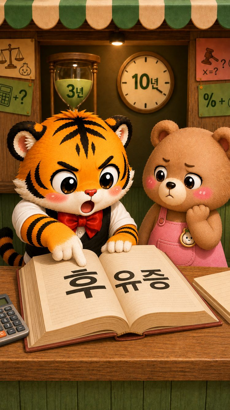 범이가 후유증의 후라는 글자만 보고 늦게 나타난 손해라고 주장하는 모습