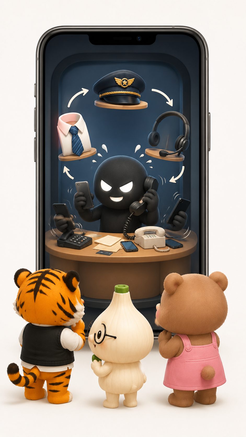 스마트폰 속 사기범이 여러 직업으로 변장하며 전화를 거는 모습