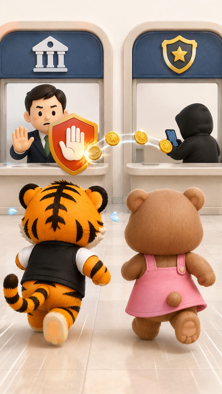 범이와 웅녀가 피해를 막기 위해 은행과 경찰로 달려가는 모습