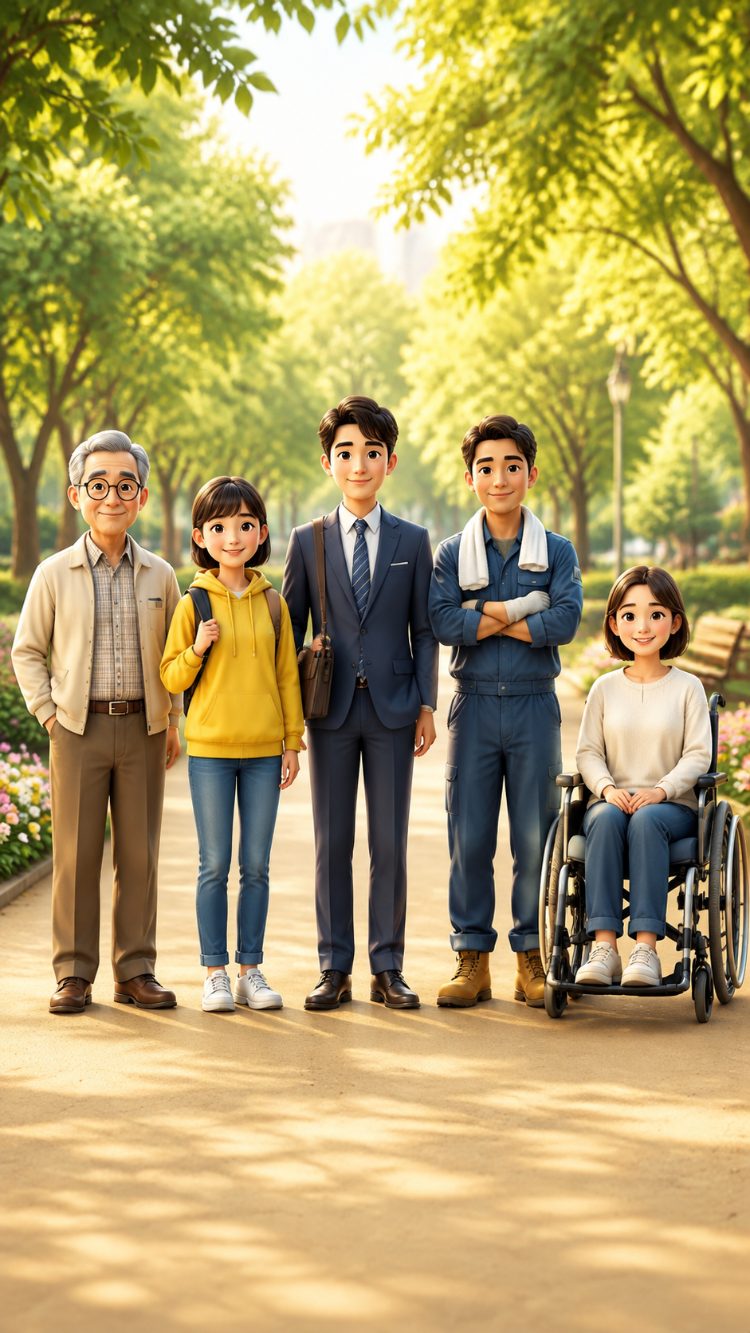 나이와 직업과 상황이 달라도 같은 가치가 있음을 보여 주는 장면