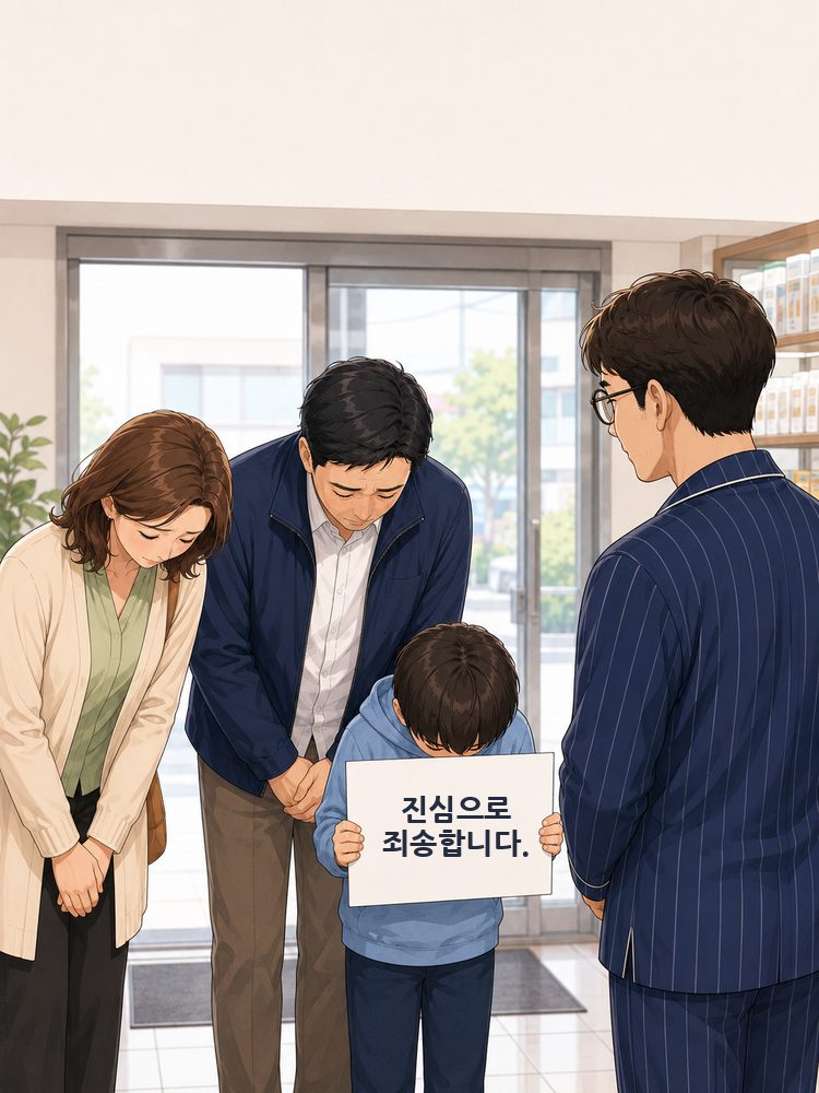 가게 입구에서 진심으로 사과하는 아이와 부모