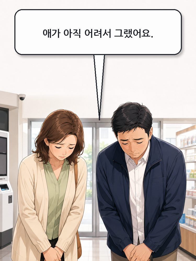 무인점포 앞에서 아이와 함께 고개 숙인 부모