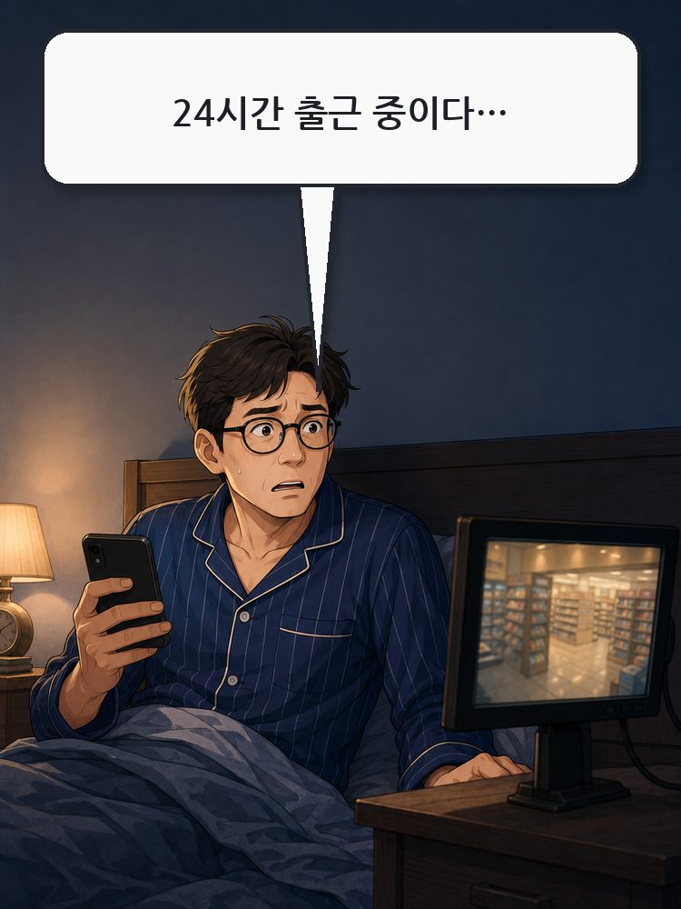 밤중에도 휴대전화와 CCTV를 확인하는 무인점포 주인