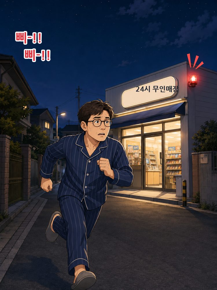 경보 알람을 듣고 무인점포로 달려가는 주인