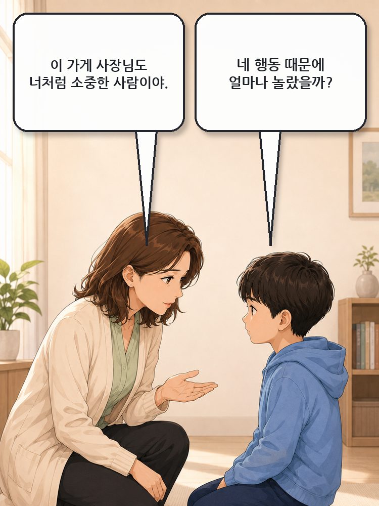 엄마가 아이에게 피해자의 마음을 설명하는 장면